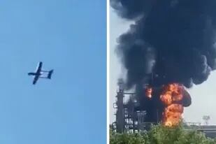 El momento en el que un dron kamizake se estrella contra la segunda refinería más grande de rusia, ubicada en Novoshakhtinsk