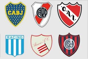 Los seis primeros clubes del ranking histórico de campeones del fútbol argentino: Boca, River, Indpendiente, Racing, el extinto Alumni y San Lorenzo.