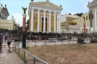 Así se ve una vista actual recorrida por turistas junto a animaciones 3D creadas para descubrir la magnitud de los edificios y monumentos