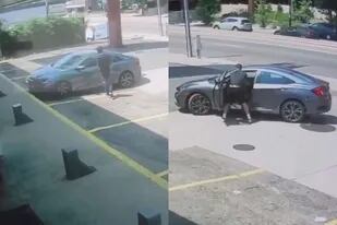 Derecha: el ladrón entra el vehículo. Izquierda: Williams comienza a golpearlo para recuperar su auto