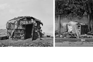 Fotografías de viviendas precarias en el Bajo Flores por H.G. Olds (izq., 1901) y Alfredo Srur (der., 2015)