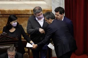Máximo Kirchner, Wado de Pedro y Sergio Massa en la cámara de Diputados