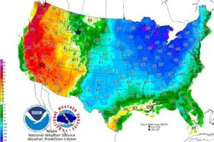 Mientras que una gran parte de EE.UU. tendrá tiempo muy frío (azul) otra llegará a calores extremos (rojo)