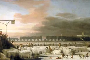 El Támesis congelado, una pintura de Abraham Hondius de 1677, en tiempos en que el río londinense se congelaba por completo durante dos meses todos los inviernos; ahora hace 40 años que no se congela