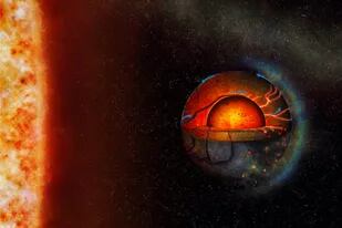 La ilustración de este artista representa la posible dinámica interior del exoplaneta super-terrestre LHS 3844b