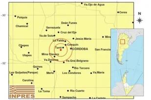 El Instituto Nacional de Prevención Sísmica (INPRES) publicó un mapa en el que describió el epicentro del sismo en Córdoba.