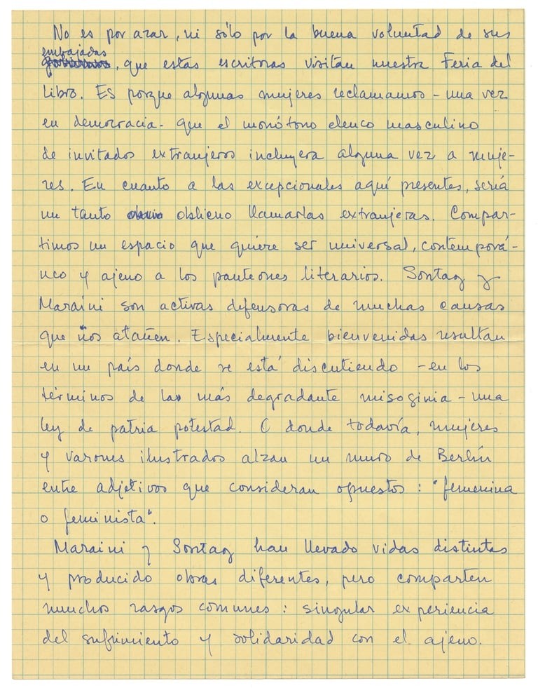 Página manuscrita con las palabras que Walsh pronunció con motivo de la visita a la Feria del Libro de 1985 de Susan Sontag y Dacia Maraini