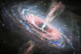 24-06-2021 Concepto artísticos de una galaxia con un quasar en su centro. Un quásar es un agujero negro supermasivo muy brillante, distante y activo que tiene de millones a miles de millones de veces la masa del Sol. POLITICA INVESTIGACIÓN Y TECNOLOGÍA NASA, ESA AND J. OLMSTED (STSCI)