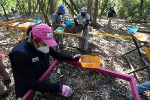 Graciela Perez, fundadora de la Red Milynali, un colectivo de familias que asisten en la búsqueda de familiares desaparecidos, examina la tierra de una fosa clandestina el martes 1 de febrero de 2022, a las afueras de Ciudad Mante, México. (AP Foto/Marco Ugarte)