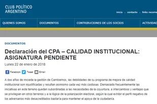 El grupo, de buen vínculo con la Casa Rosada, publicó anteayer una declaración crítica sobre las "costosas debilidades" en la calidad institucional del Gobierno