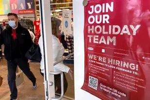 Aviso de vacantes laborales en una tienda en Vernon Hills, Illinois, el 13 de noviembre de 2021. (AP Foto/Nam Y. Huh)