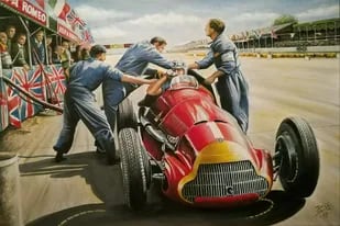 “La primera de la historia”. El Alfa Romeo 158 de Juan Manuel Fangio en el GP de Silverstone 1950, el primero de la F1. Óleo (80 x 60 centímetros).