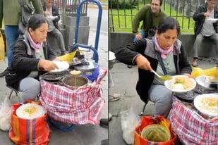 Una vendedora ambulante mostró una polémica técnica para evitar lavar los platos