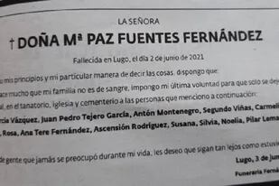 En Lugo, España, una mujer dejó preparado un aviso fúnebre con el detalle de los invitados a su despedida