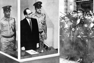 Eichmann en la jaula de vidrio, durante el juicio por sus crímenes de guerra en Jerusalén; y unos 20 años antes, en el centro, haciendo el saludo nazi