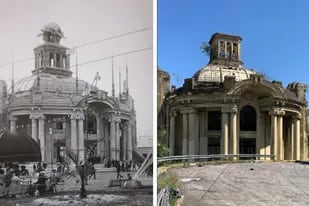 El Pabellón del Centenario, en 1910 y en 2020 en una imagen comparativa que muestra el deterioro producido en ese edificio porteño por el paso del tiempo y la falta de mantenimiento