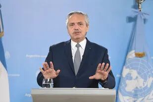 Alberto Fernández al hablar en la Asamblea General de la ONU
