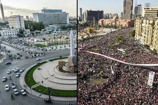 La plaza Tahrir de Egipto en la actualidad y en febrero de 2011 cuando renunció Hosni Mubarak