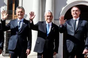 El presidente Mauricio Macri junto al presidente de Chile, Sebastián Piñera y el presidente de Brasil Jair Bolsonaro, en Santiago de Chile