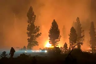 En esta imagen proporcionada por el Comando del Incendio Bootleg, el incendio Bootleg arde de noche en el sur de Oregon, el sábado 17 de julio de 2021. (Comando del Incendio Bootleg via AP)