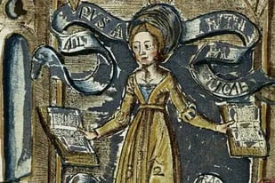 La dama de la Aritmética en una xilografía coloreada a mano de Margarita Philosophica (La perla filosófica), de Gregor Reisch (1467? -1525)