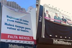 Marquesina de Multiteatro en tiempos pandémicos: hoy se bajó el cartel que anunciaba que bajaban el telón