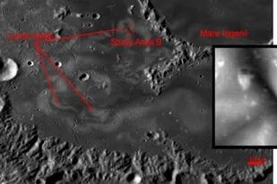 23-03-2022 Esta imagen muestra la región de remolinos dentro de Mare Ingenii, destacando una de las áreas de estudio (recuadro). El patrón de remolino brillante y oscuro es marcado contra el terreno del mare lunar. POLITICA INVESTIGACIÓN Y TECNOLOGÍA LUNAR RECONNAISSANCE ORBITER CAMERA (LROC)