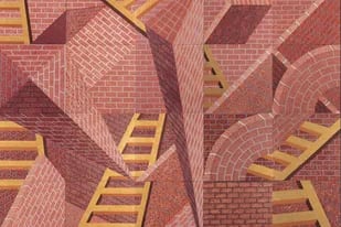 Las escaleras doradas (políptico), 1997, obra de Edgardo Giménez incluida en la muestra "Laberintos", en Fundación Proa