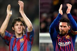 Messi, según pasan los años: saludando al público de Barcelona después de su primer gol (izquierda) y el último (derecha).