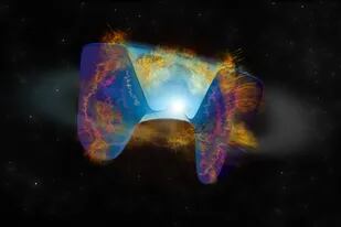 Los escombros que se mueven rápidamente de una explosión de supernova desencadenada por una colisión estelar chocan contra el material arrojado antes, y los choques causan una emisión de radio brillante vista por el VLA