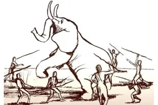 22-12-2021 Ilustración de la caza ancestral de elefantes.  La obtención de más alimento en una sola acción llevó a los primeros humanos a cazar repetidamente animales grandes hasta la extinción.  POLITICA INVESTIGACIÓN Y TECNOLOGÍA DANA ACKERFELD