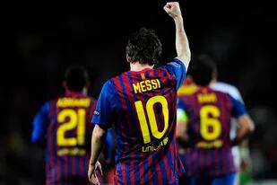 Lionel Messi festeja uno de sus goles durante un partido de UEFA Champions League entre Barcelona y Bayer 04 Leverkusen  el 7 de marzo de 2012.