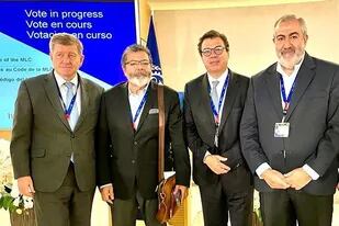 Guy Ryder, Gerardo Martínez, Claudio Moroni y Héctor Daer, en un alto de la cumbre de la OIT, en Ginebra