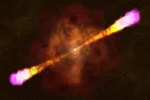 Se cree que los brotes de rayos gamma ocurren cuando colapsa una estrella masiva, forma un agujero negro y despide partículas hacia afuera a una velocidad cercana a la de la luz (NASA)