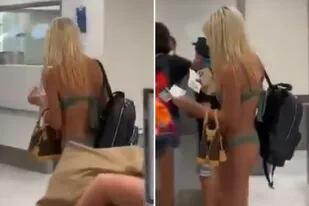 El video viral muestra a una mujer en bikini y con barbijo caminando cerca de los mostradores del check-in de un aeropuerto