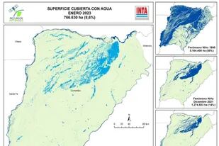 El mapa del Instituto Nacional de Tecnología Agropecuaria (INTA) donde se refleja la superficie cubierta con agua