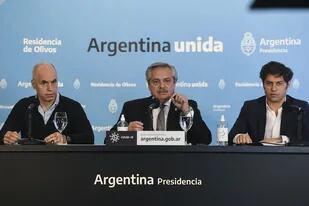 Horacio Larreta, Alberto Fernández y Axel Kicillof, antes de la disputa desatada por la quita de fondos a la Ciudad