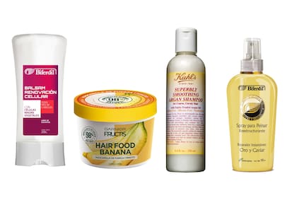 Bálsamo de renovación celular, $209, Biferdil; Hairfood banana, $198, Garnier Fructis; Shampoo con óleo de argán, $950, Kiehl´s; Spray oro y caviar, $194, Biferdil.