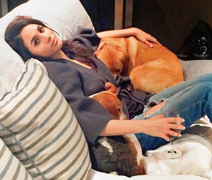 Una foto del recuerdo: Meghan con sus perros Guy, un beagle rescatado que se mudó con ella a Londres, y Bogart, un labrador dorado que quedó en Canadá por su avanzada edad.