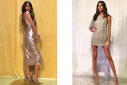 Para Tini, vestido largo midi con laminado plateado de El Camarín y minivestido con un hombro también en plateado de María Gorof