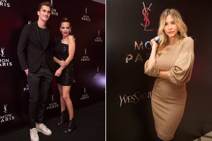 Izquierda: Ivana Figueras y Tomás Guarracino, combinados y con onda. Él con traje saco con remera y zapatillas blancas, y ella con mini vestido y bontinetas acordonadas. Derecha: Guille Valdez, con un vestido camel de mangas abullonadas