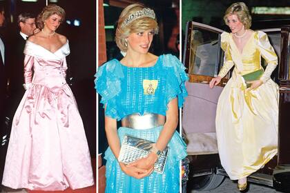 Diana reescribió el libro de estilo de la realeza: superó con gracia los límites y creó protocolos más flexibles. Izquierda: con una creación de Catherine Walker. Centro: vestida de azul by Bruce Oldfield durante una visita a Australia. Derecha: de satén dorado por Murray Arbeid.
