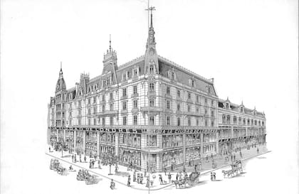 Dibujo de A la ciudad de Londres, en su emplazamiento original de Florida y Av de Mayo, antes del incendio.