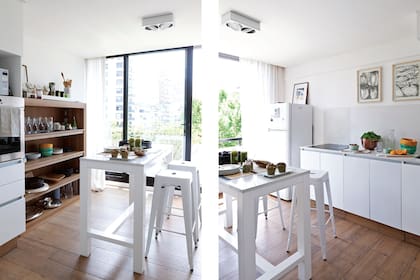 A tono con el piso de porcelanato símil madera, el mueble de petiribí hecho a medida suma espacio de guardado sin imponer su presencia.