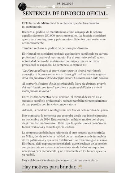 El mensaje que compartió Mauro Icardi, anunciando su divorcio