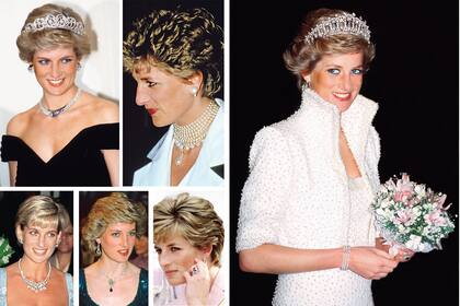 De izq. a der. y de arr. a ab.: radiante con la tiara Spencer. Diana adoraba las perlas y cuantas más vueltas tuviera un collar, mejor. Con la Cambridge Lovers Knot. El collar Lago de los Cisnes se hizo famoso porque lo usó para ir al ballet; un broche transformado en gargantilla y su anillo de comp