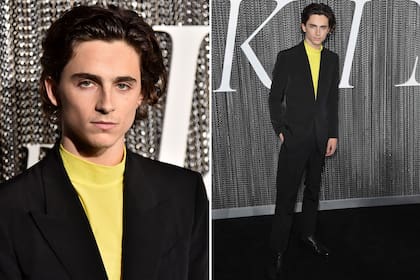 Timothee eligió un elegante traje negro con polera amarilla para el estreno de El Rey