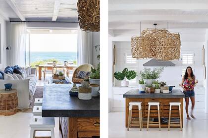 Tres banquetas de madera dan la posibilidad de usar la isla con tapa de cemento alisado como desayunador.