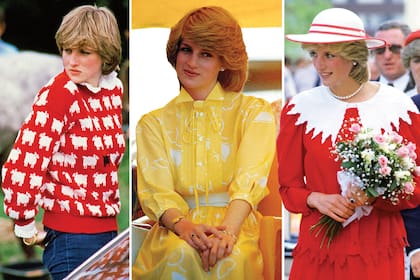 Izquierda: durante un partido de polo, con un suéter tejido. Centro: vestido de Jan van Velden, que diseñó la mayor parte de su ropa premamá y después del nacimiento de William se la recicló, para que pudiera volver a usarla. Derecha: otro modelo del mismo creador.