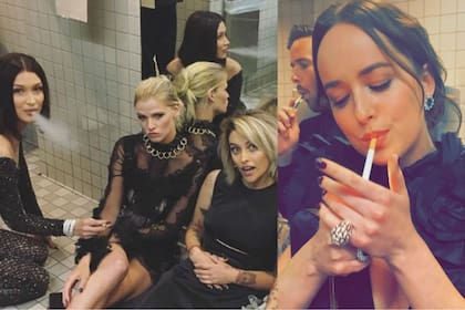 Bella Hadid y Dakota Johnson, fumando en en el baño del evento.